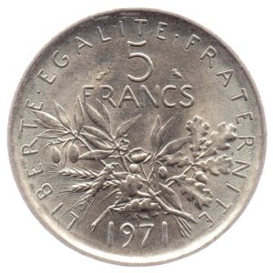 (FMO.5.1971.51.2.sup.000000001) 5 Francs Sower 1971 Reverse (zoom)