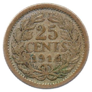 (W172.025.1914.1.b.000000001) 25 cents Queen Wilhelmina 1914 Reverse (zoom)