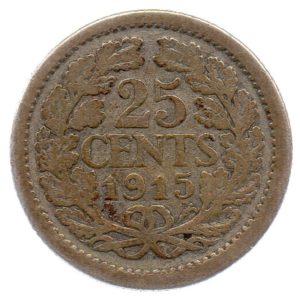 (W172.025.1915.1.b+.000000001) 25 cents Queen Wilhelmina 1915 Reverse (zoom)
