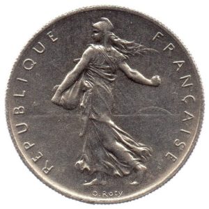 (FMO.1.1960.27.2.cp6.sup.000000001) 1 Franc Sower 1960 (big 0) Obverse (zoom)