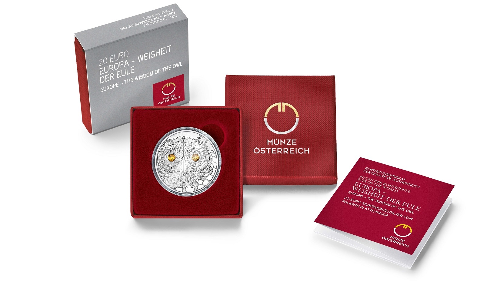 (EUR01.Proof.2021.25152) 20 € Austria 2021 Proof Ag - The Wisdom of the Owl (packaging) (zoom)