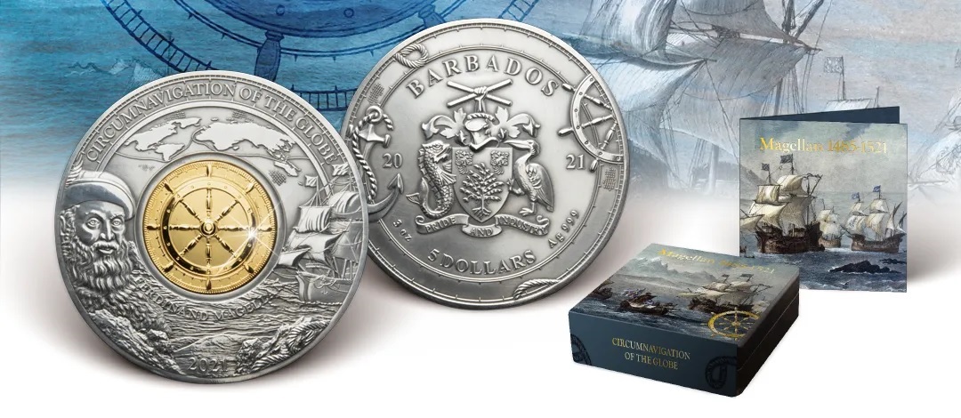 (W022.5.D.2021.3.oz.Ag.4) 5 Dollars Barbados 2021 3 oz Antique silver - Magellan (blog illustration) (zoom)