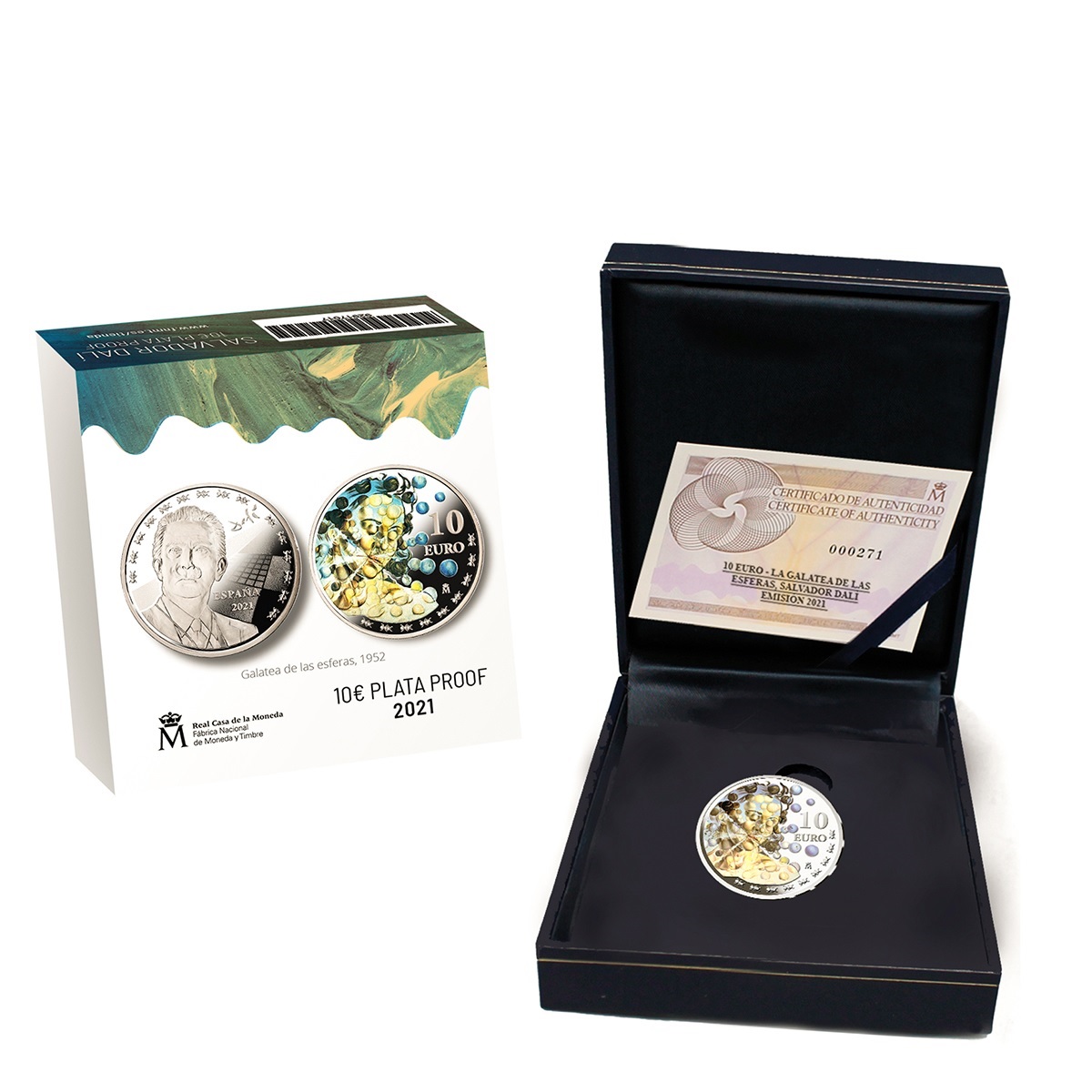 (EUR05.Proof.2021.92917017) 10 € Spain 2021 Proof silver - Galatea of the Spheres, by Salvador Dali (case) (zoom)