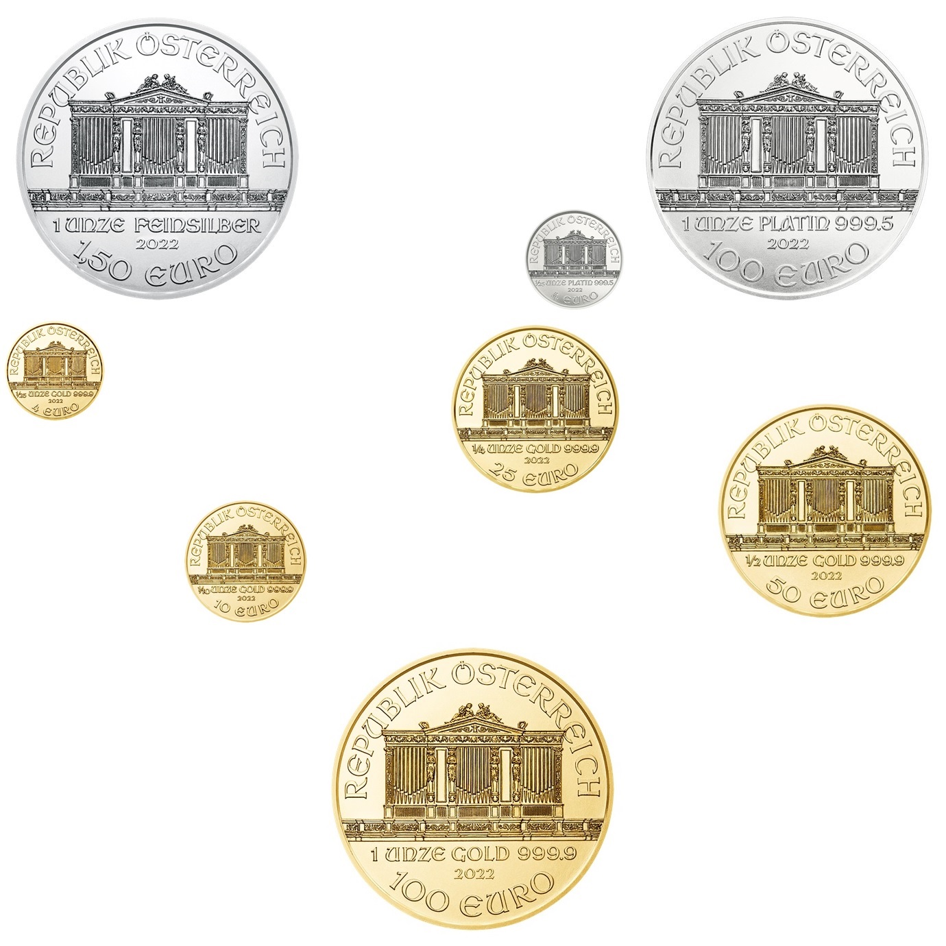 (EUR01.1.50.E.à.100.E.2022.15369.à.47) Austria 2022 - Philharmonic (8 coins series) Obverses (zoom)