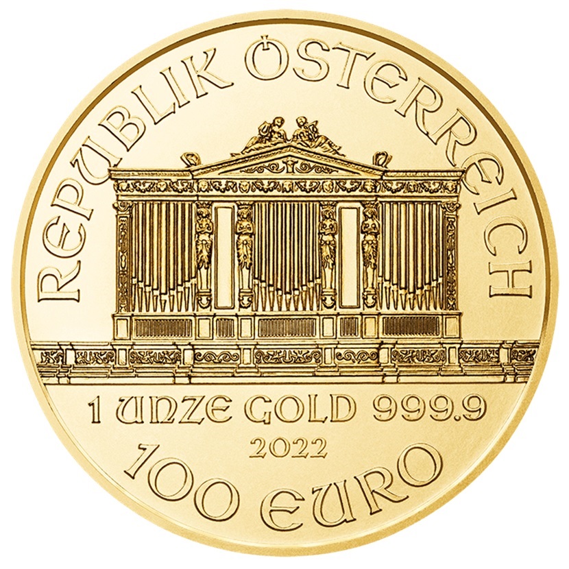 (EUR01.Unc.2022.18941) 100 euro Austria 2022 1 ounce gold - Philharmonic (in case) Obverse (zoom)