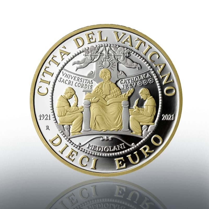 (EUR19.Proof.2021.CN1608) 10 € Vatican 2021 Proof Ag - Catholic University Sacred Heart (gilded) Reverse (zoom)