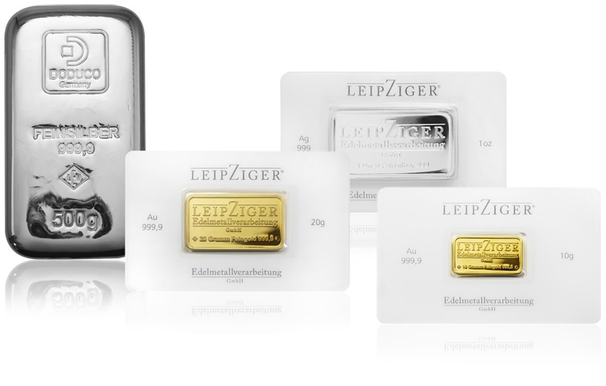 Leipziger Edelmetallverarbeitung (minted and cast bars) (shop illustration) (zoom)