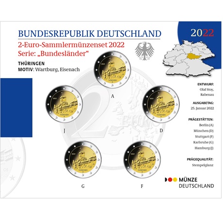 (EUR03.BU.set.2022.90gd22n) Coffret 2 euro commémoratives Allemagne 2022 BU - Château de la Wartbourg