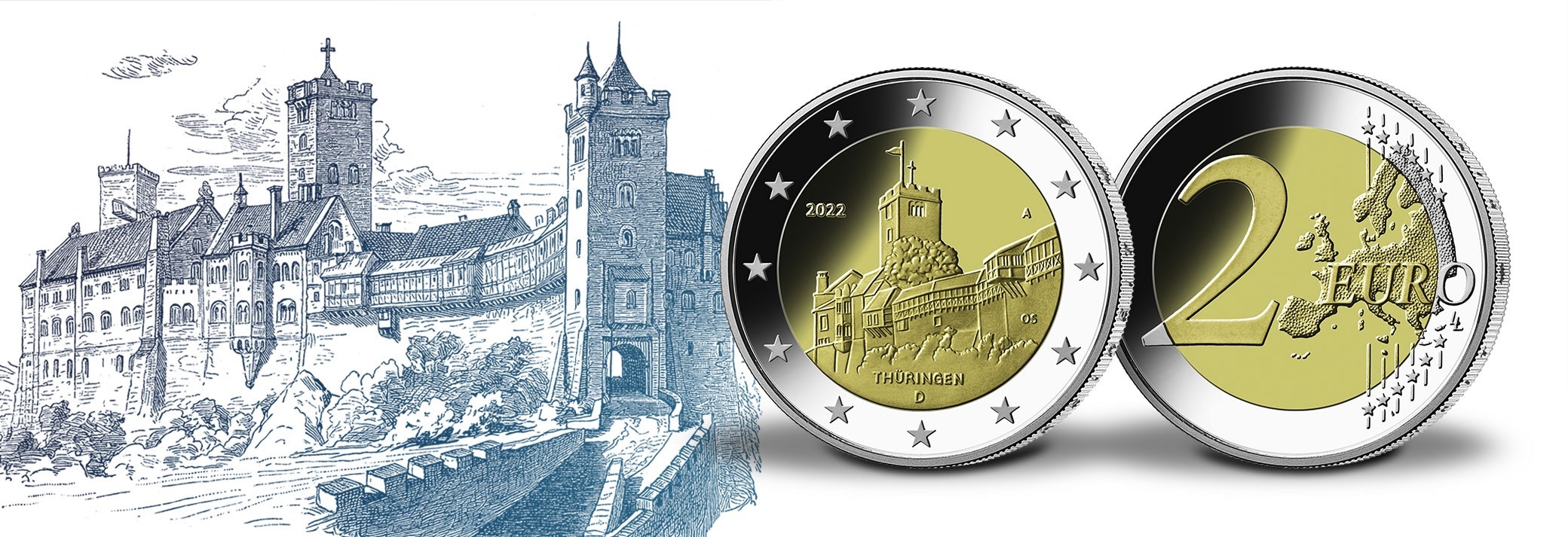 (EUR03.BU.set.2022.90gd22n) Coin set 2 € Germany 2022 BU - Wartburg Castle ( blog illustration) (zoom)