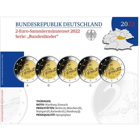 (EUR03.Proof.set.2022.90gd22s) Coffret 2 euro commémoratives Allemagne 2022 BE - Château de la Wartbourg
