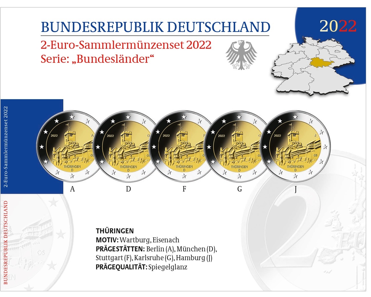 (EUR03.Proof.set.2022.90gd22s) Coin set 2 euro Germany 2022 Proof - Wartburg Castle (zoom)