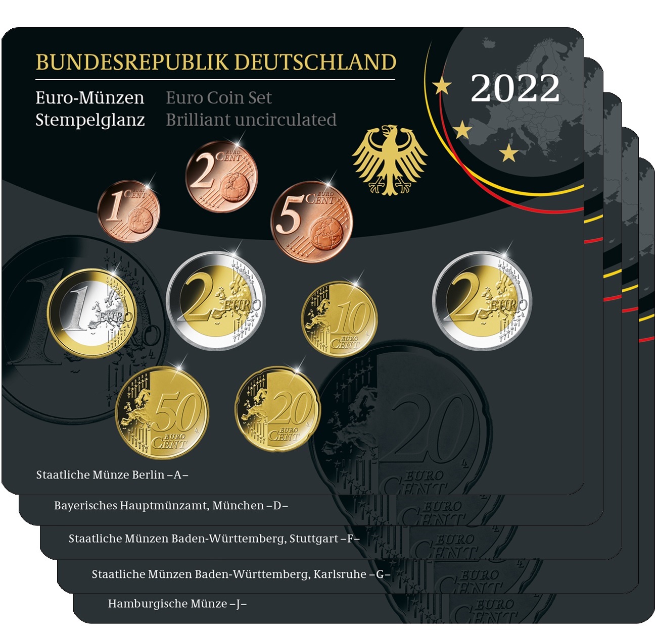 (LOT.EUR03.BU.sets.2022.A.to.J.90um22n) BU coin sets Germany 2022 (all 5 Mints A, D, F, G & J) (zoom)