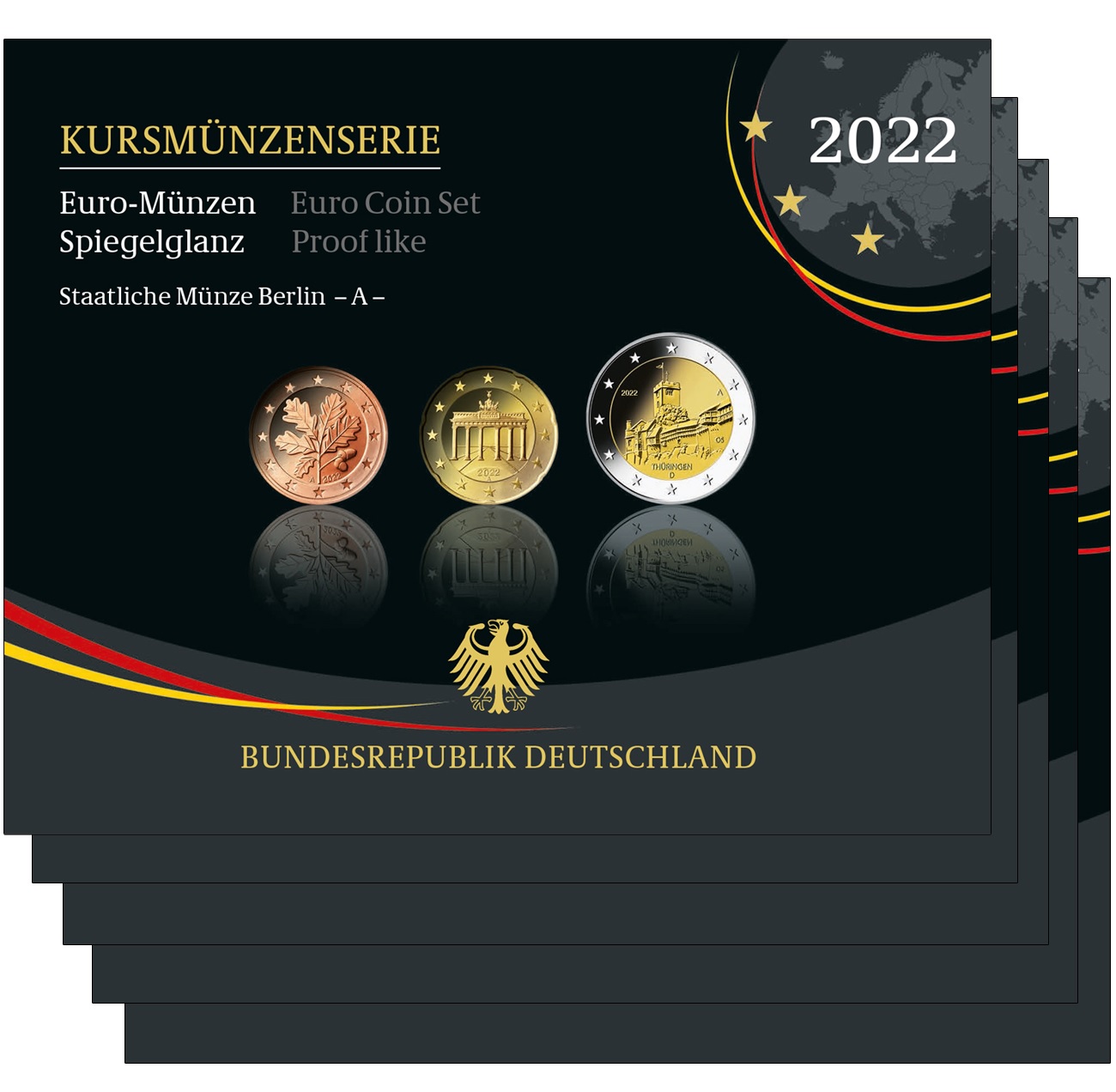 (LOT.EUR03.Proof.sets.2022.A.to.J.90um22s) Proof coin sets Germany 2022 (all 5 Mints A, D, F, G & J) (zoom)