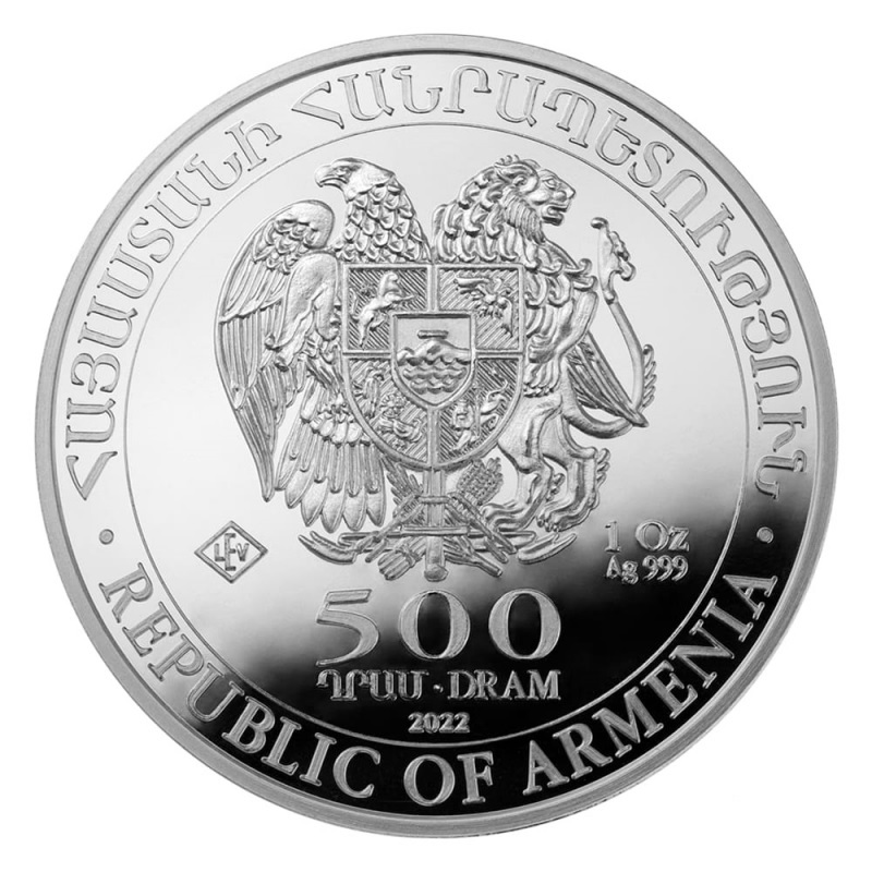 (W015.500.D.2022.1.oz.Ag.1) 500 Dram Armenia 2022 1 oz BU silver - Noah Ark Obverse (zoom)