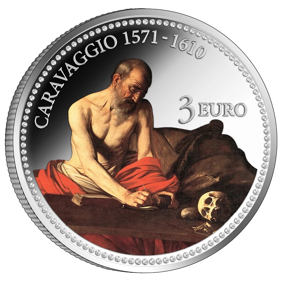 (EUR13.BU.2022.3.E.2) 3 € Malta 2022 BU - Saint Jerome Writing, by Caravaggio (coloured) Reverse (zoom)