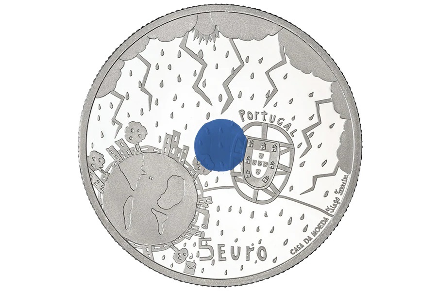 (EUR15.Proof.2022.1025472) 5 euro Portugal 2022 Proof silver - Climate (blue) Obverse (zoom)