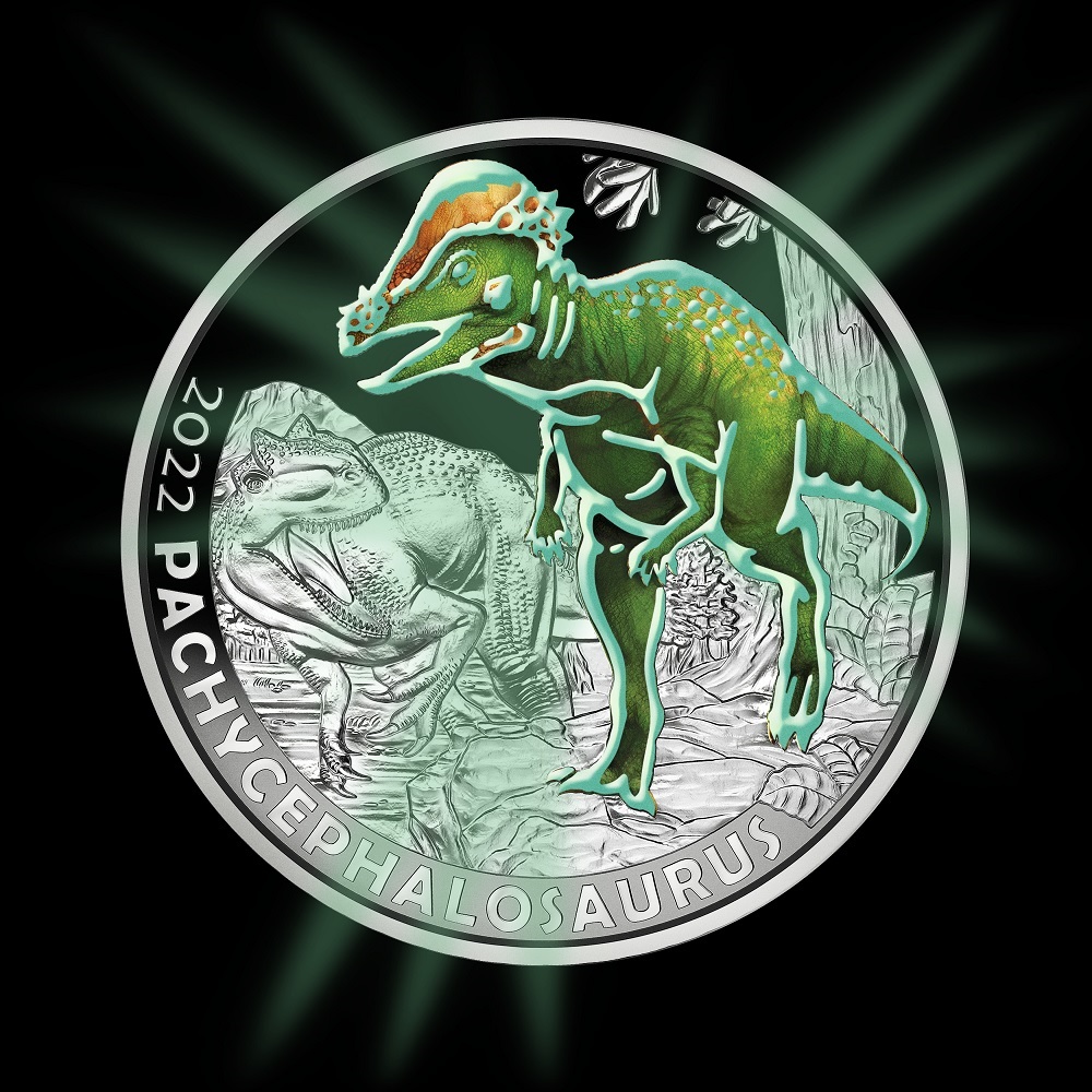 (EUR01.Unc.2022.25624) 3 euro Austria 2022 - Pachycephalosaurus Reverse (glow-in-the-dark) (zoom)