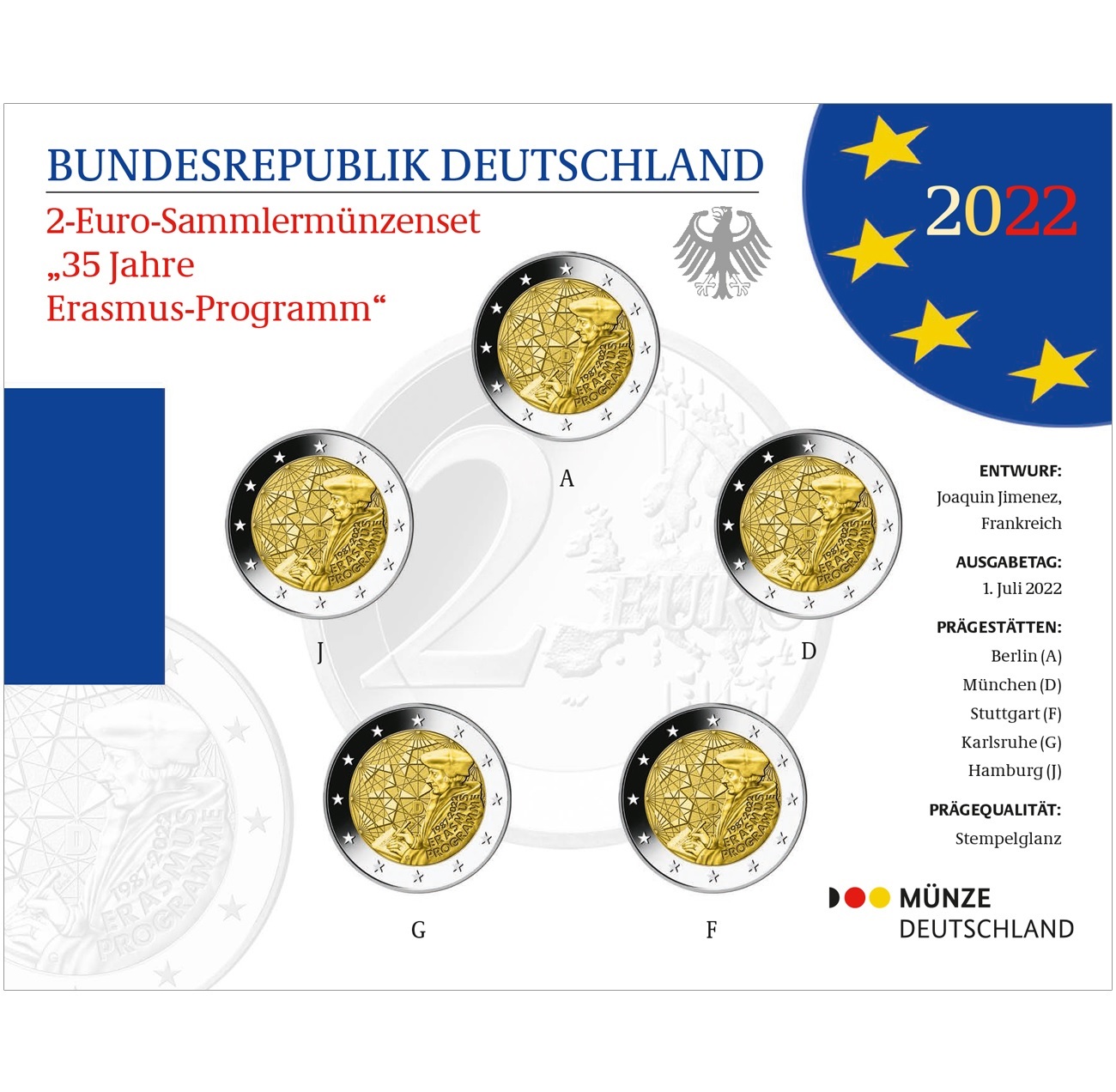 (EUR03.BU.set.2022.2.n) Coin set 2 euro Germany 2022 BU - Erasmus Programme (zoom)