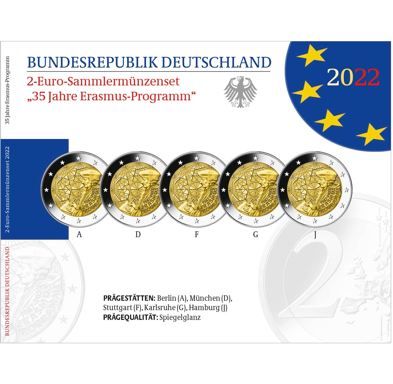 (EUR03.Proof.set.2022.2.s) Coin set 2 euro Germany 2022 Proof - Erasmus Programme (zoom)