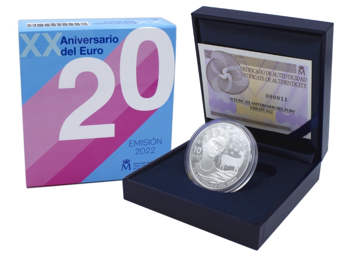 (EUR05.Proof.2022.92927006) 10 € Spain 2022 Proof Ag - 20 years of euro cash (packaging) (zoom)