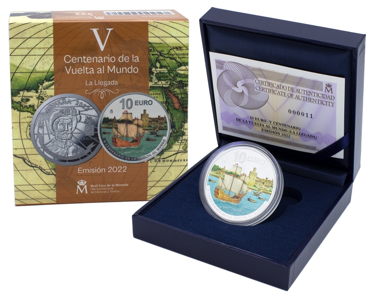 (EUR05.Proof.2022.92927010) 10 € Spain 2022 Proof Ag - Round-the-world-voyage (case) (zoom)