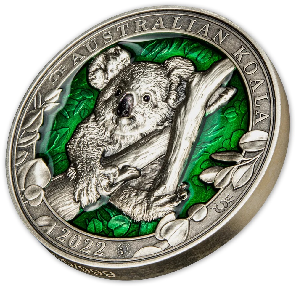 (W022.5.D.2022.3.oz.Ag.4) 5 $ Barbados 2022 3 ounces Antique Ag - Koala (edge) (zoom)