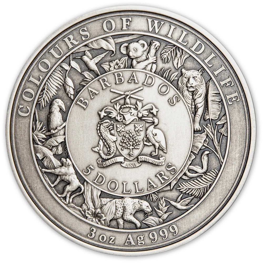 (W022.5.D.2022.3.oz.Ag.4) 5 Dollars Barbados 2022 3 oz Antique silver - Koala Obverse (zoom)