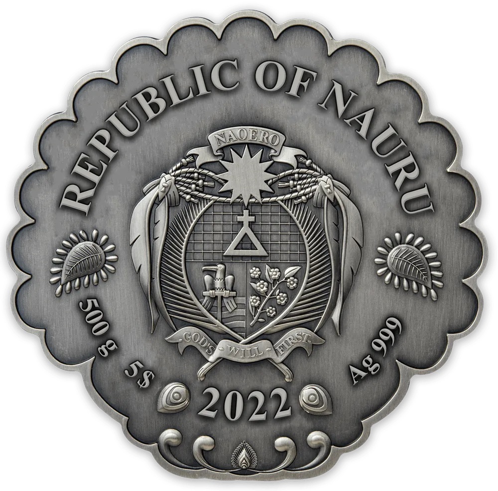 (W155.1.5.D.2022.1) 5 Dollars Nauru 2022 500 grams Antique silver - The Peacock Obverse (zoom)
