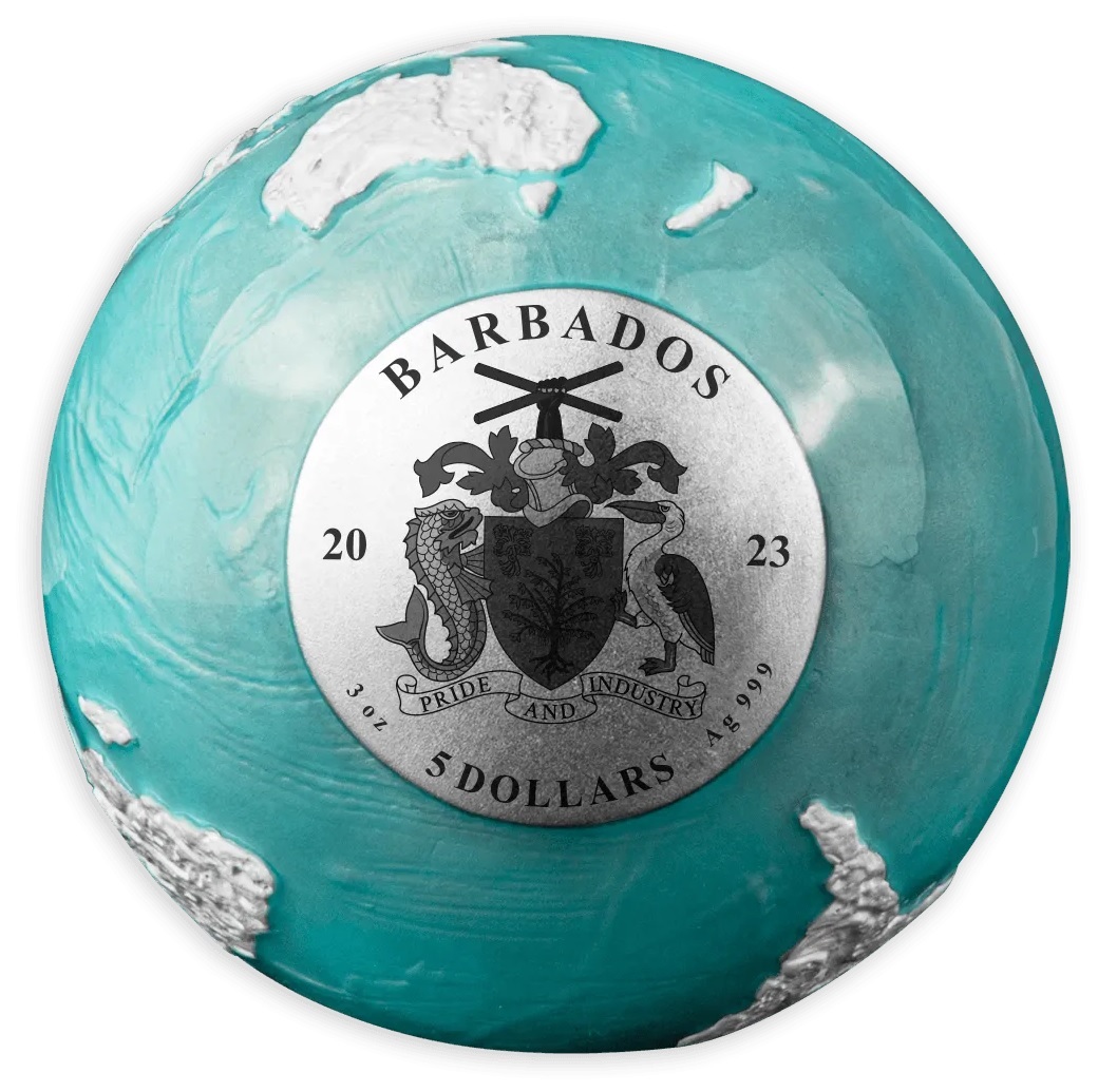 (W022.5.D.2023.3.oz.Ag.1) 5 Dollars Barbados 2023 3 oz BU silver - Frozen Blue Marble (view on face value) (zoom)