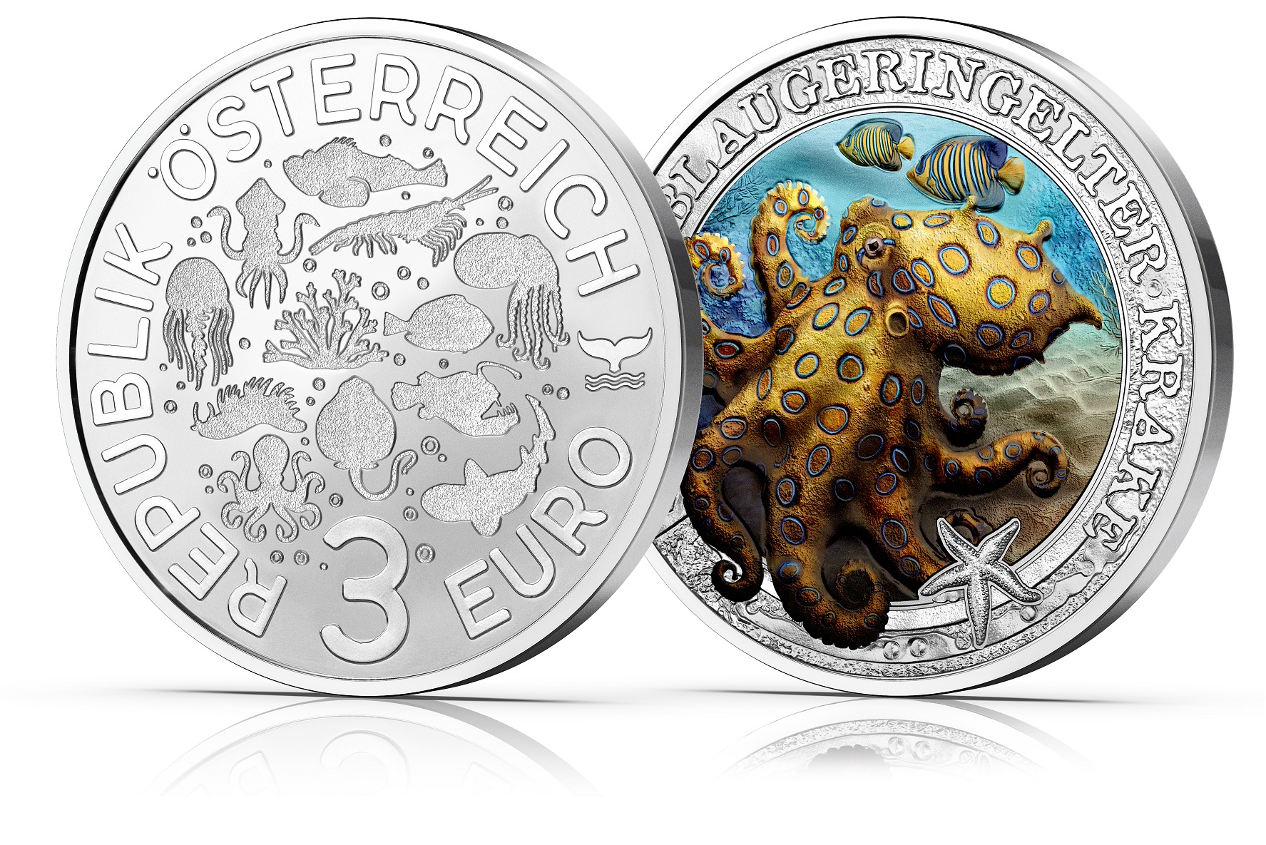 (EUR01.Unc.2022.25631) 3 € Austria 2022 - Blue-ringed octopus (zoom)