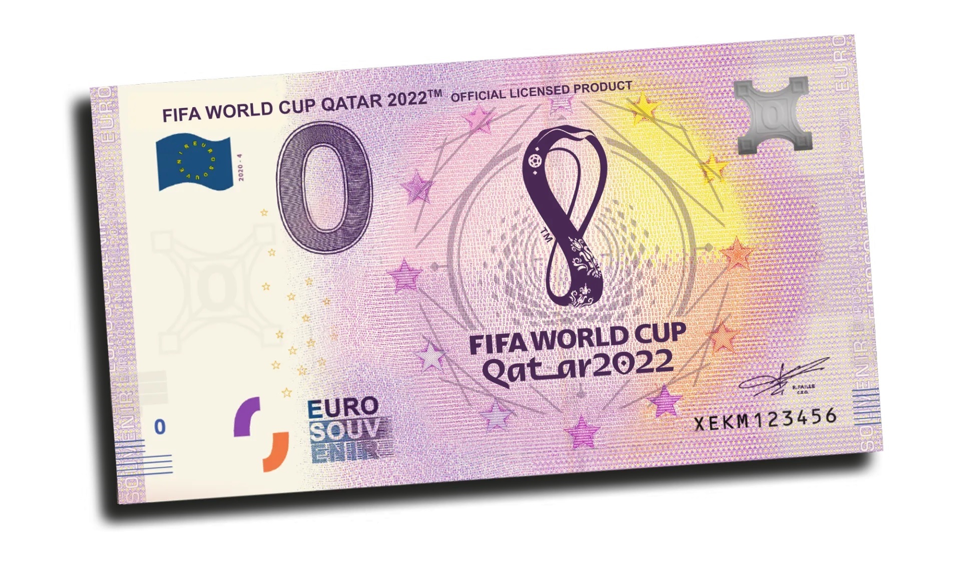 (EURBILLS.0.euro.2022.RF.E.XEKM.1) 0 euro banknote Germany 2022 - FIFA World Cup Qatar (logo) Front (zoom)