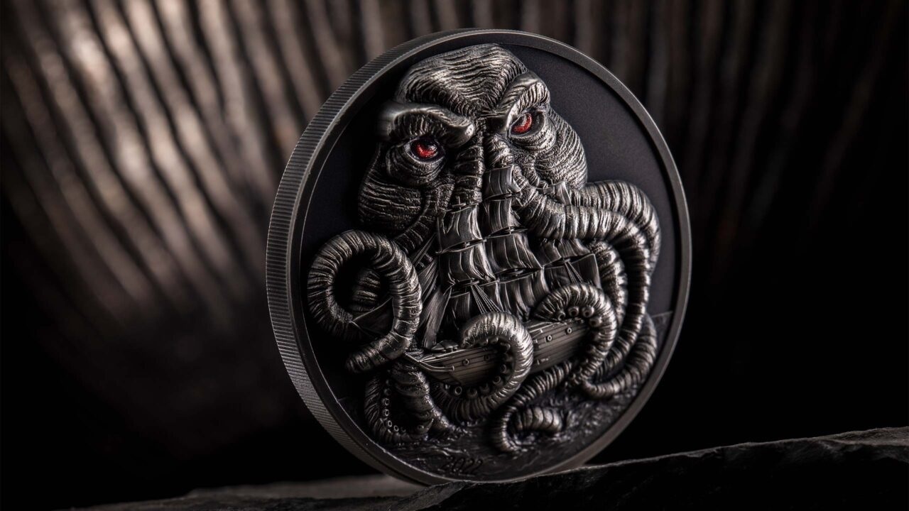 (W168.1.20.D.2022.30124) Palau 20 $ Cthulhu, by H.P. Lovecraft 2022 - Antique silver (blog illustration) (zoom)