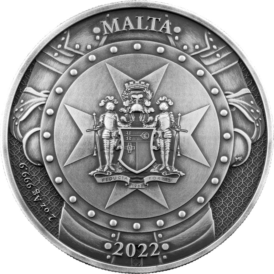 (EUR13.Antique.2022.10.E.1) 10 euro Malta 2022 2 oz Antique silver - Knights of the past Obverse (zoom)