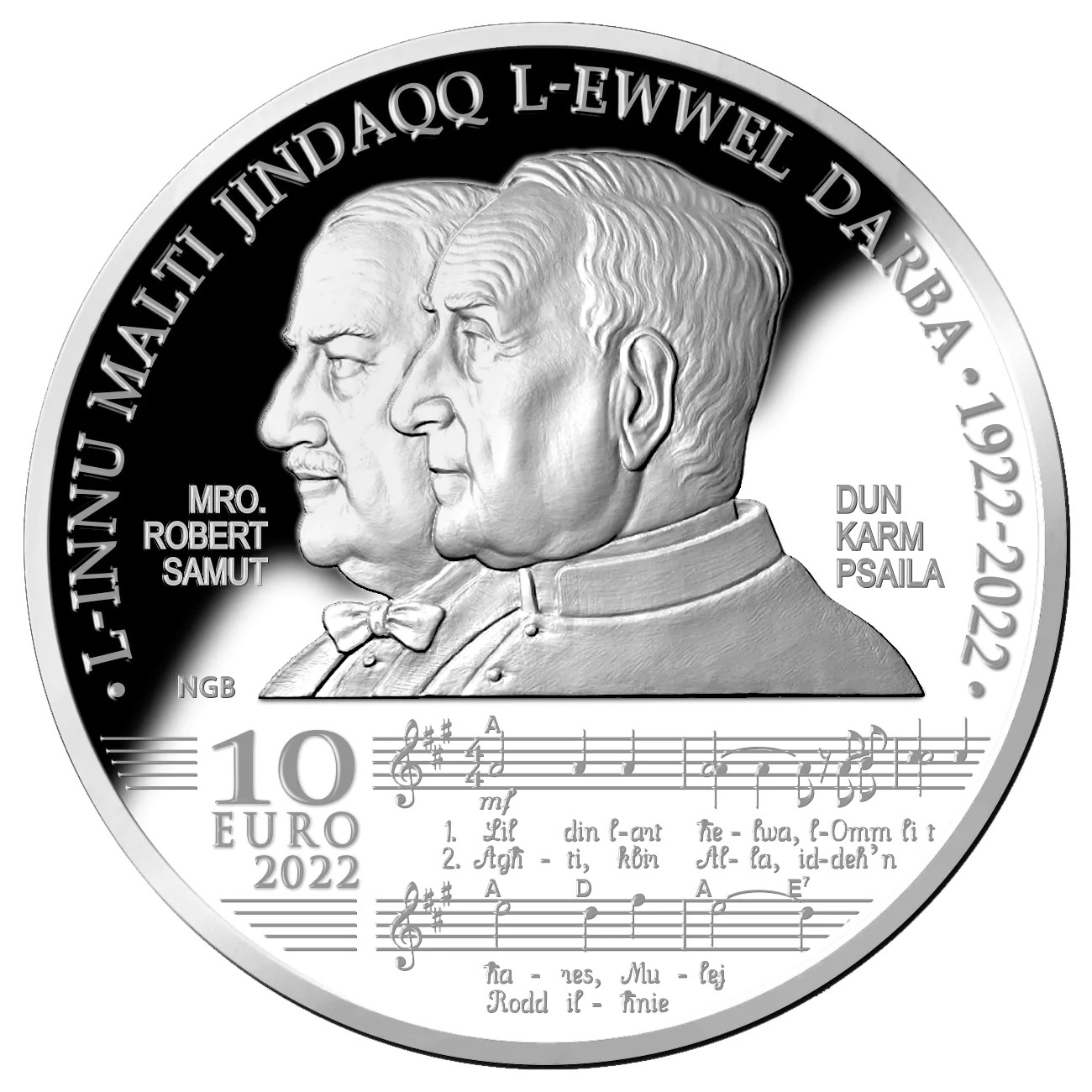 (EUR13.Proof.2022.10.E.4) 10 euro Malta 2022 Proof silver - National anthem Innu Malti Reverse (zoom)