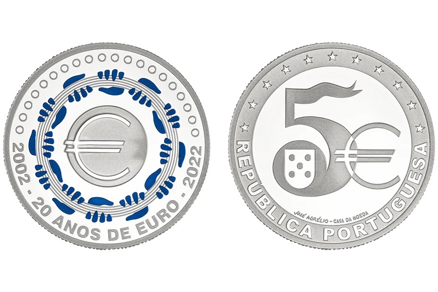 (EUR15.Proof.2022.1025466) 5 € Portugal 2022 Proof Ag - 20 years of euro cash (zoom)