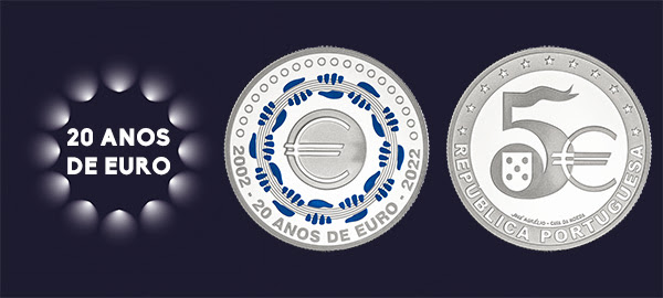 (EUR15.Proof.2022.1025466) 5 € Portugal 2022 Proof silver - 20 years of euro cash (blog illustration) (zoom)