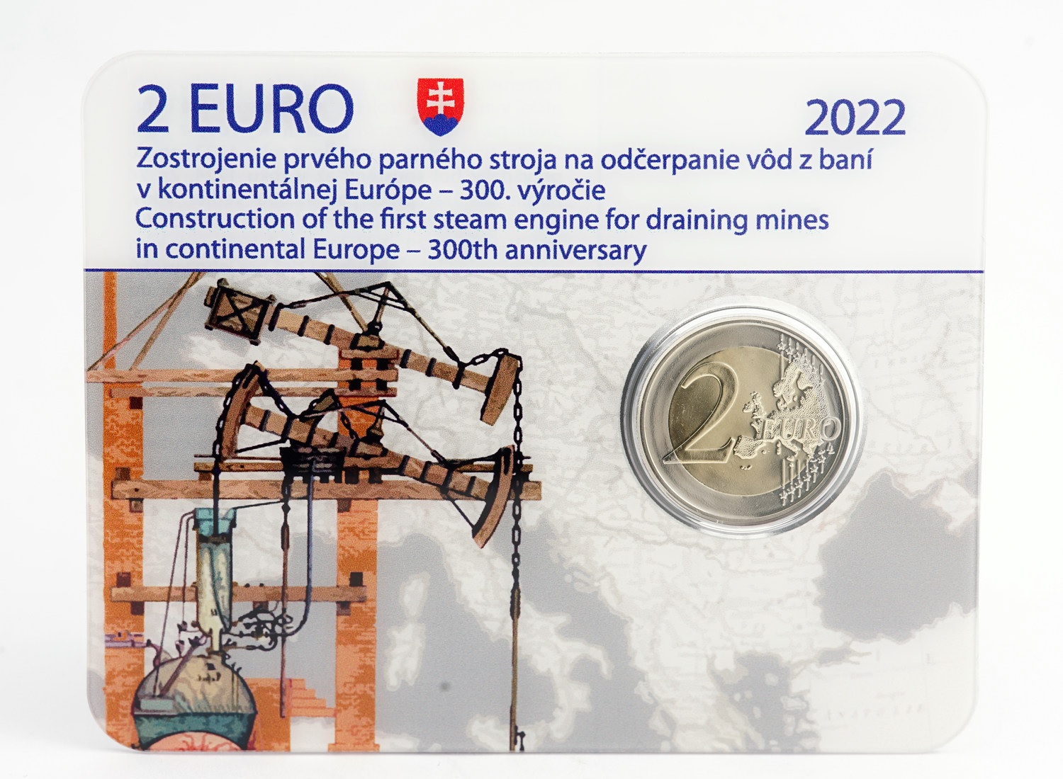 (EUR17.BU.2022.501484) 2 € Slovakia 2022 - First atmospheric steam engine in continental Europe (card front) (zoom)