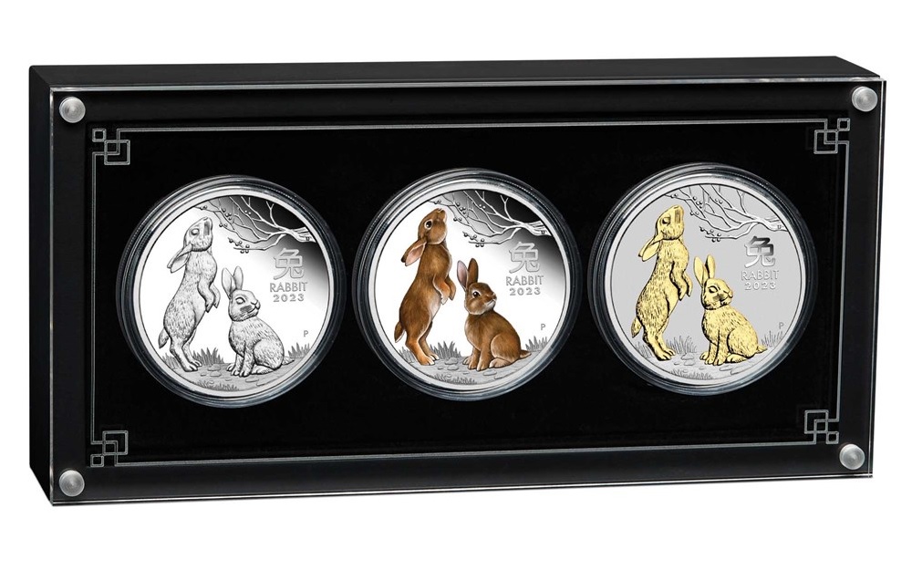 (W017.set.2023.3S2326DZAA) Triptych Australia 2023 silver - Lunar Year of the Rabbit (case) (zoom)