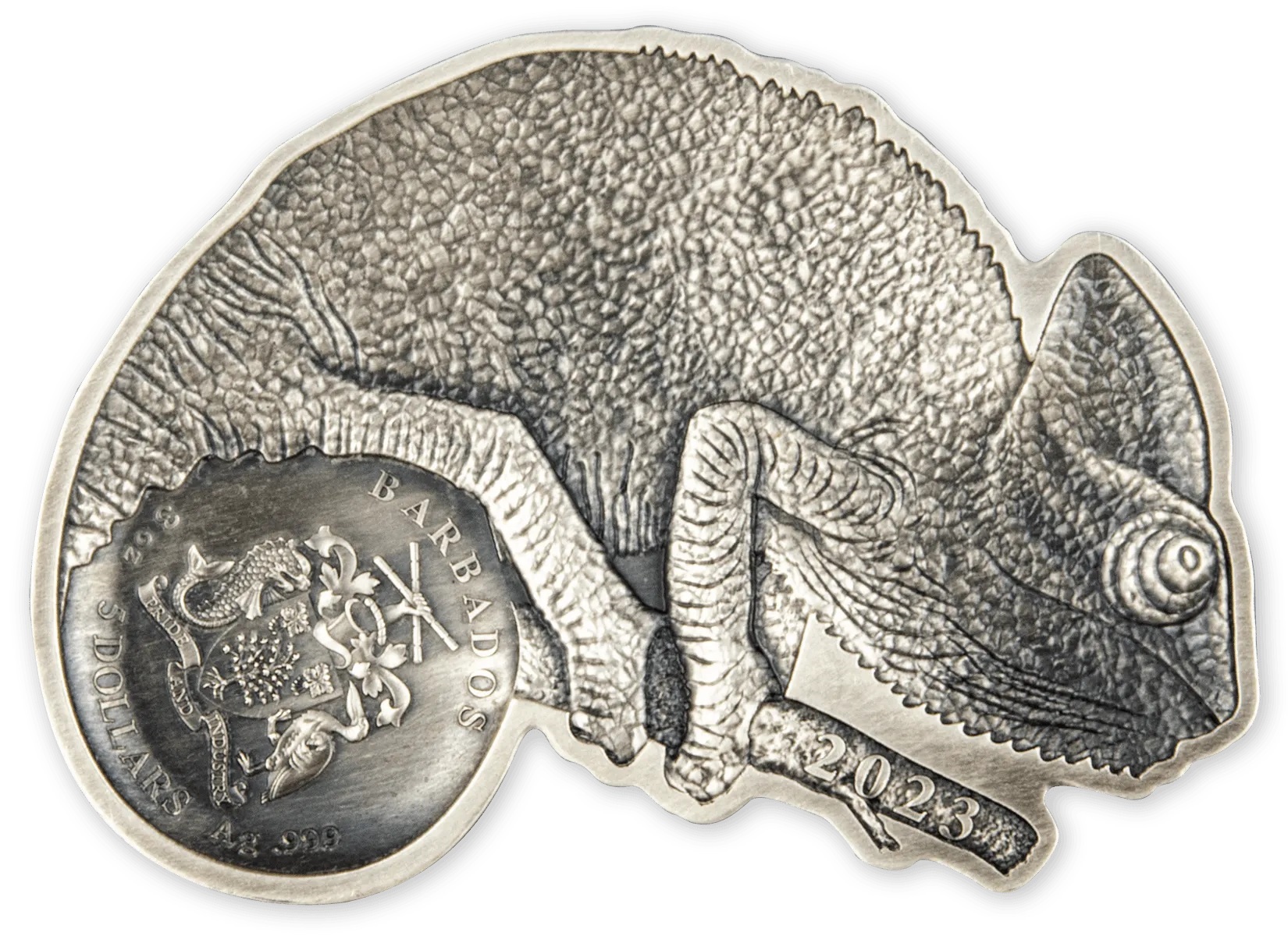 (W022.5.D.2023.3.oz.Ag.3) 5 Dollars Barbados 2023 3 oz Antique silver - The Chameleon Obverse (zoom)