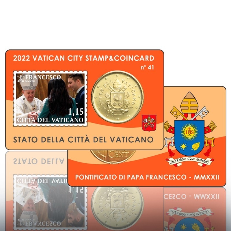 (EUR19.BU.2022.CN1631) Stamp & coin card 50 cent Vatican 2022 BU & 1€ 15 cent - Family (zoom)