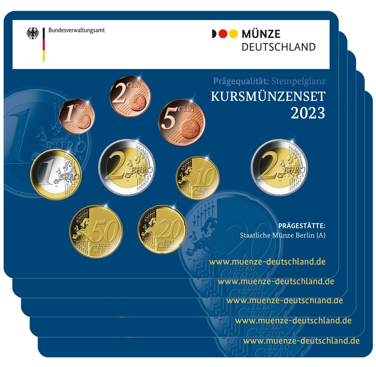 (LOT.EUR03.BU.sets.2023.A.to.J.90um23n) BU coin sets Germany 2023 (all 5 Mints A, D, F, G & J) (zoom)