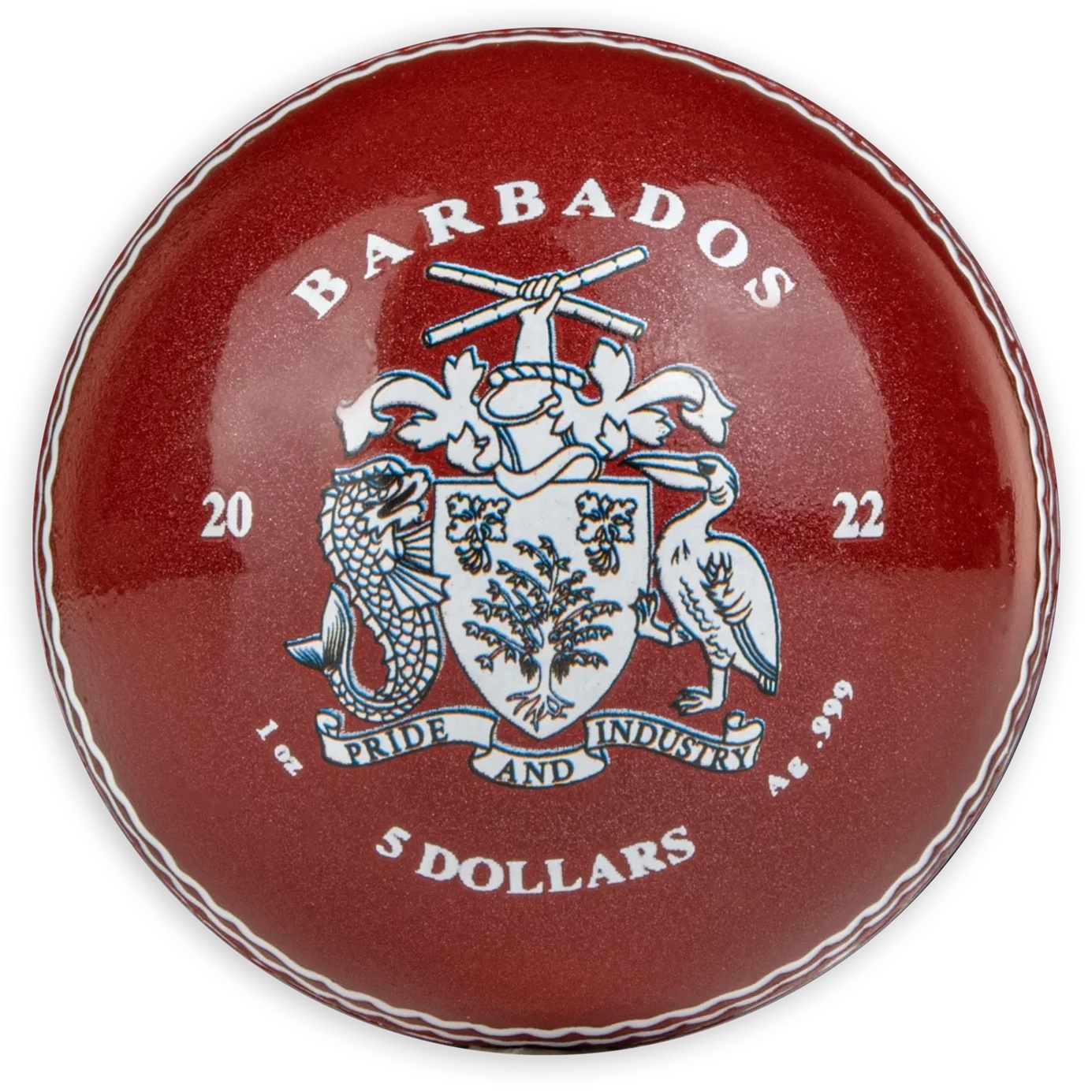 (W022.5.D.2022.1.oz.Ag.2) 5 Dollars Barbados 2022 1 oz Proof silver - Cricket ball Obverse (zoom)