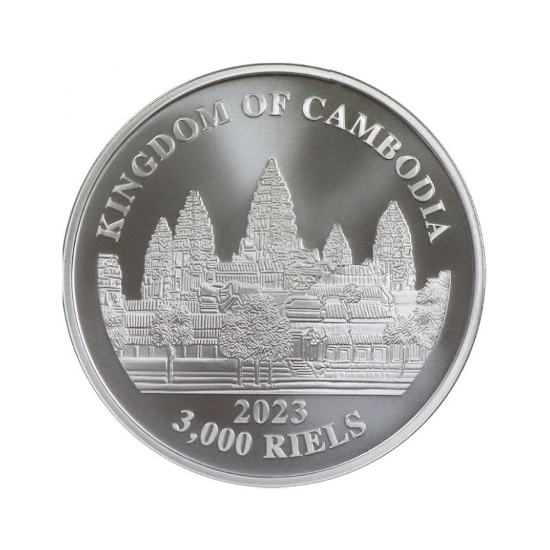 (W035.3000.R.2023.1.oz.Ag.2) 3000 Riels Cambodia 2023 1 oz BU silver - Lots tigers Obverse (zoom)