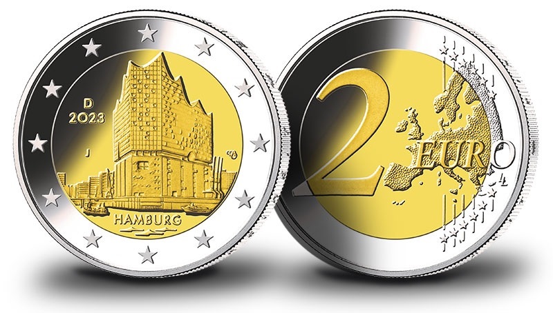 (EUR03.BU.2023.J.2.E.1) 2 euro Germany 2023 J BU - Elbe Philharmonic Hall, in Hamburg (blog illustration) (zoom)