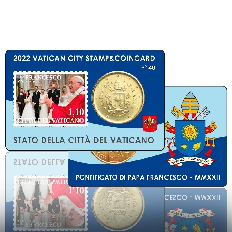 (EUR19.BU.2022.CN1630) Stamp & coin card 50 cent Vatican 2022 BU & 1€ 10 cent - Wedding (zoom)
