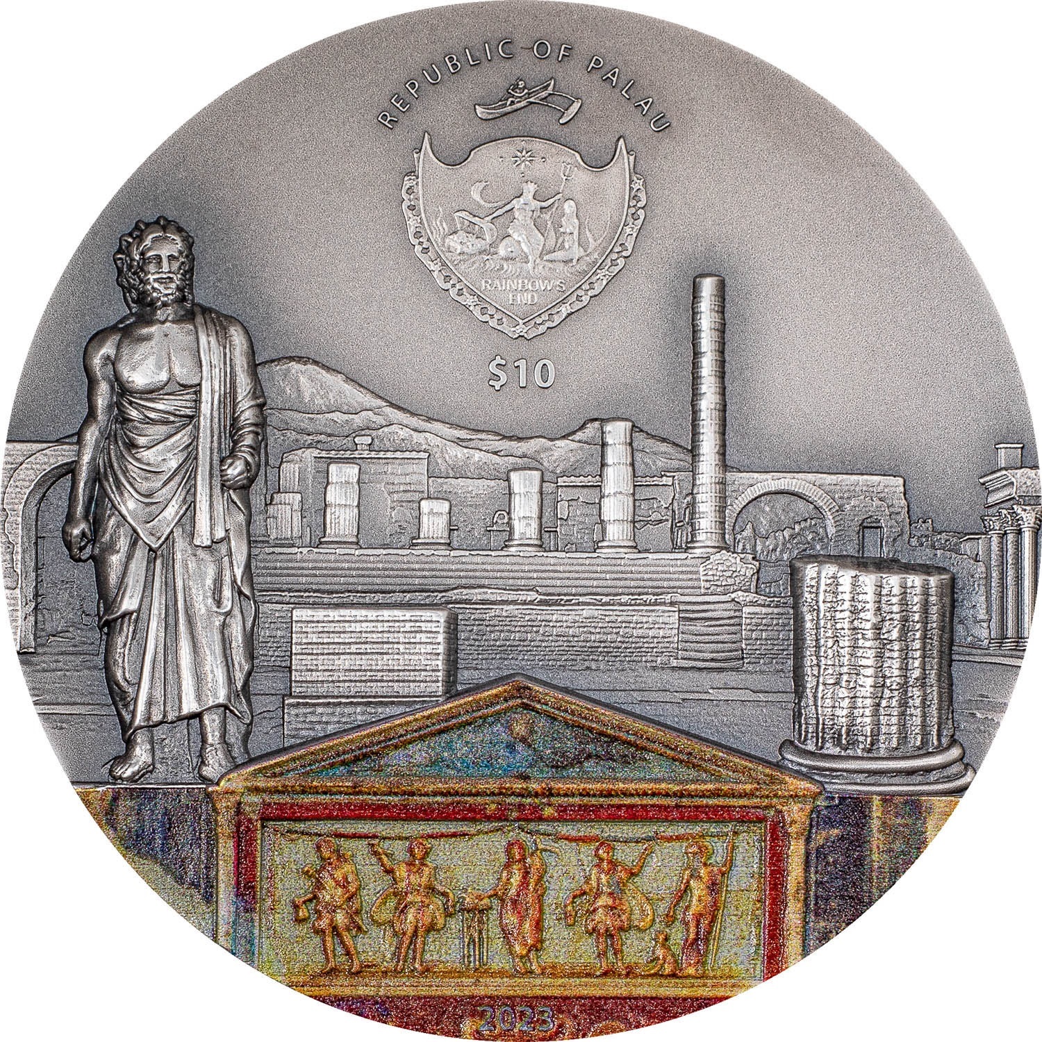 (W168.1.10.D.2023.1) Palau 10 Dollars Pompeii Volcano Eruption 2023 - Antique silver Obverse (zoom)