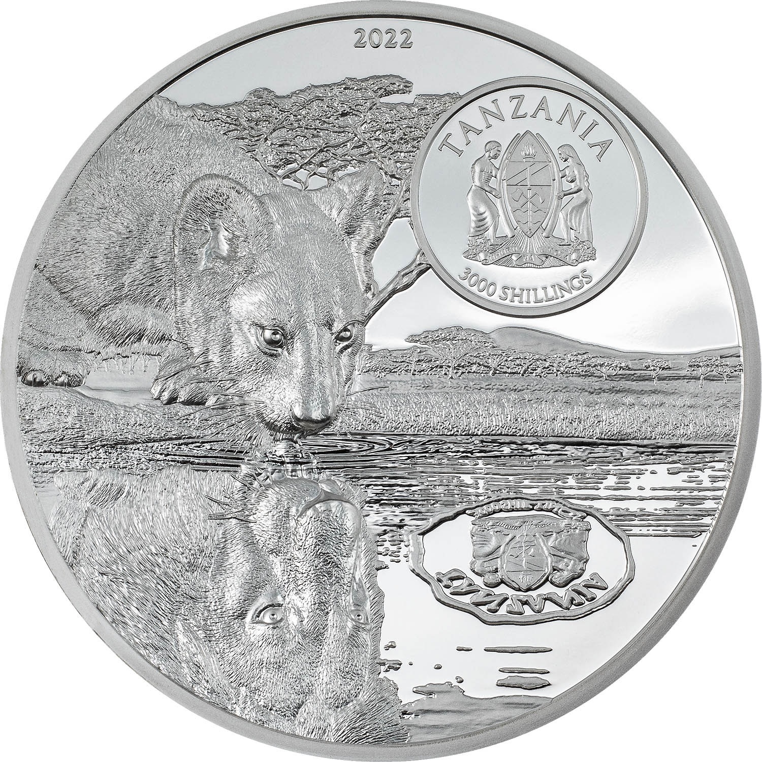 (W215.3000.S.2022.1) Tanzania 3000 Shillings Lions 2022 - Black Proof silver Obverse (zoom)