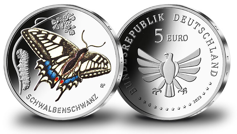 (EUR03.Proof.2023.90N123Q2S5) 5 euro Germany 2023 G Proof - Old World swallowtail (blog illustration) (zoom)