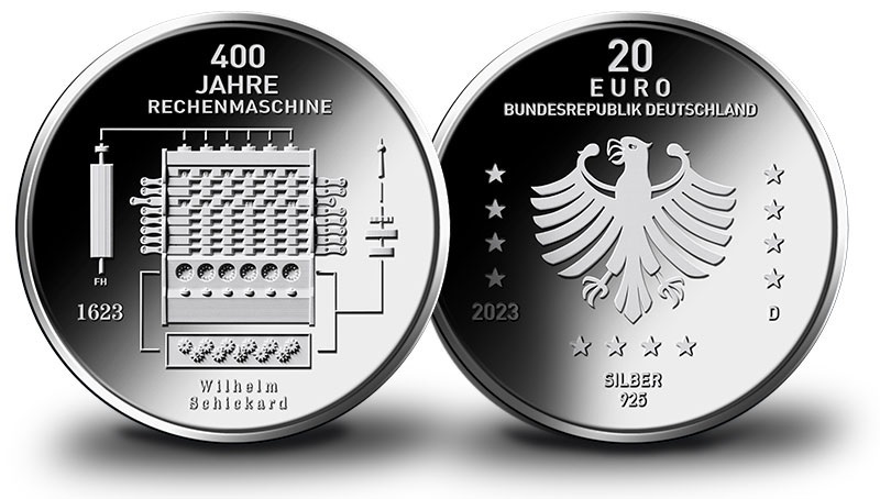 (EUR03.Proof.2023.910112SD5) 20 euro Germany 2023 D Proof Ag - Wilhelm Schickard (blog illustration) (zoom)