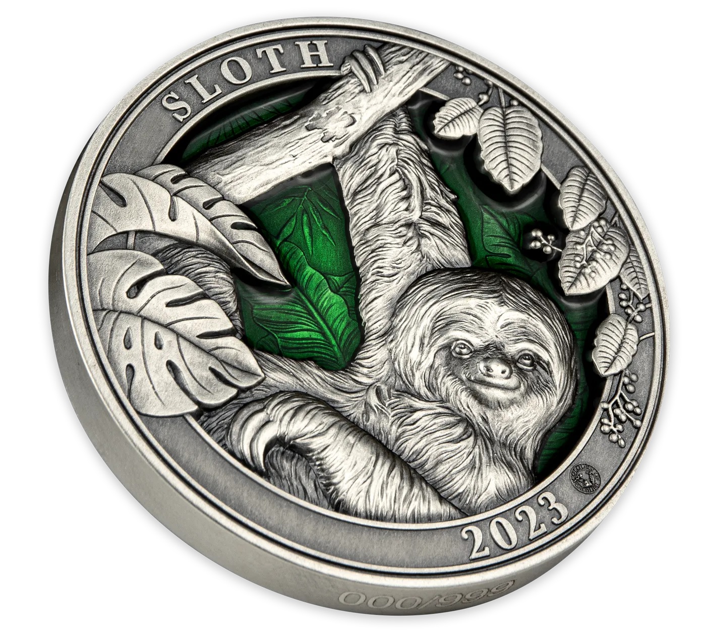 (W022.5.D.2023.3.oz.Ag.5) 5 $ Barbados 2023 3 ounces Antique silver - Sloth (edge) (zoom)